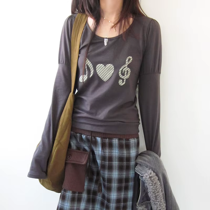 T-shirt Karrram japonais Y2k à imprimé cœur, vintage Harajuku, manches longues, gris, style coréen d
