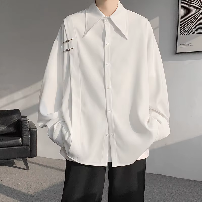 Chemises à manches longues monochromes pour hommes, chemisier surdimensionné décontracté, mode mascu