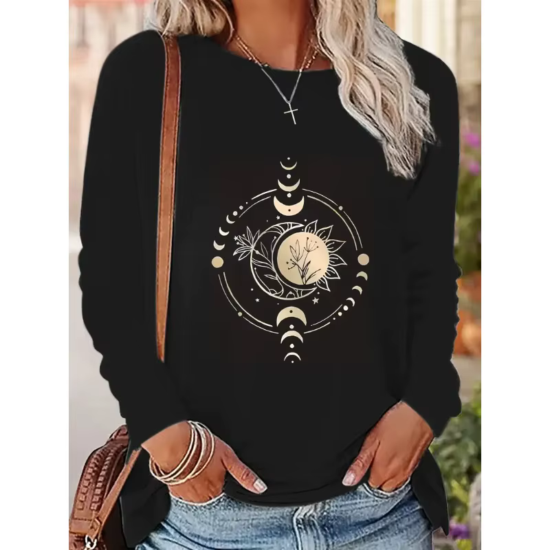 T-Shirt à manches longues pour femmes, soleil, lune, étoiles, Design Floral, Vintage, imprimé, col r