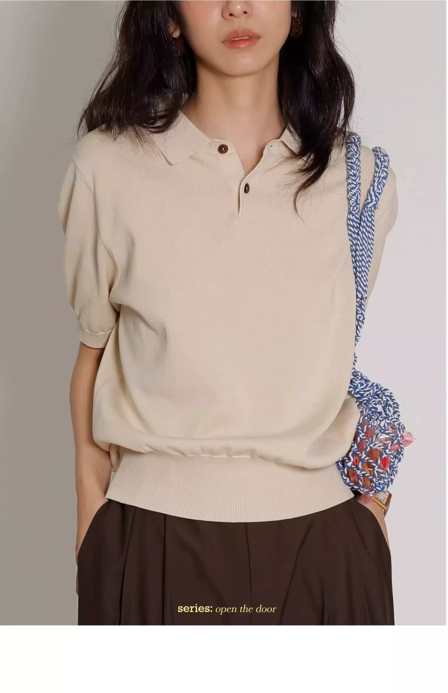 Polo tricoté en soie glacée bleue pour femmes, manches courtes, haut à revers français, T-Shirt d'ét