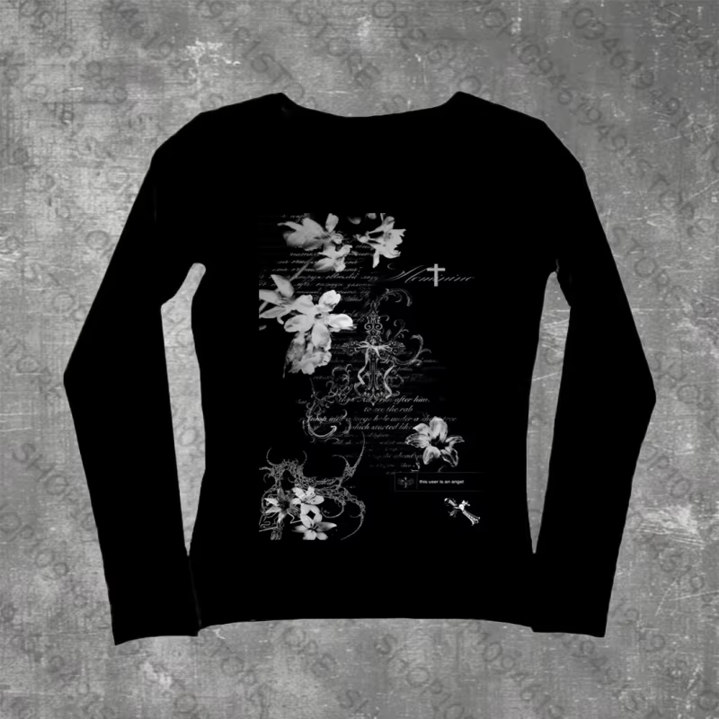 T-shirts à manches longues pour femmes, Slim et Sexy, graphiques de fleurs Harajuku, Style Y2k, Vint