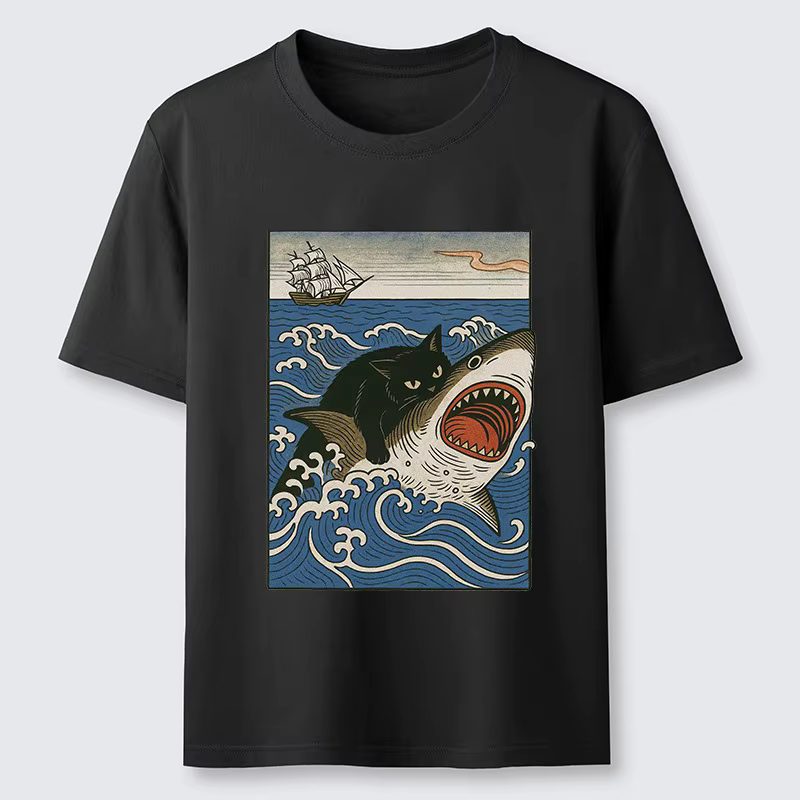T-shirt classique à manches courtes et col rond en pur coton pour homme, motif requin chasseur de ch