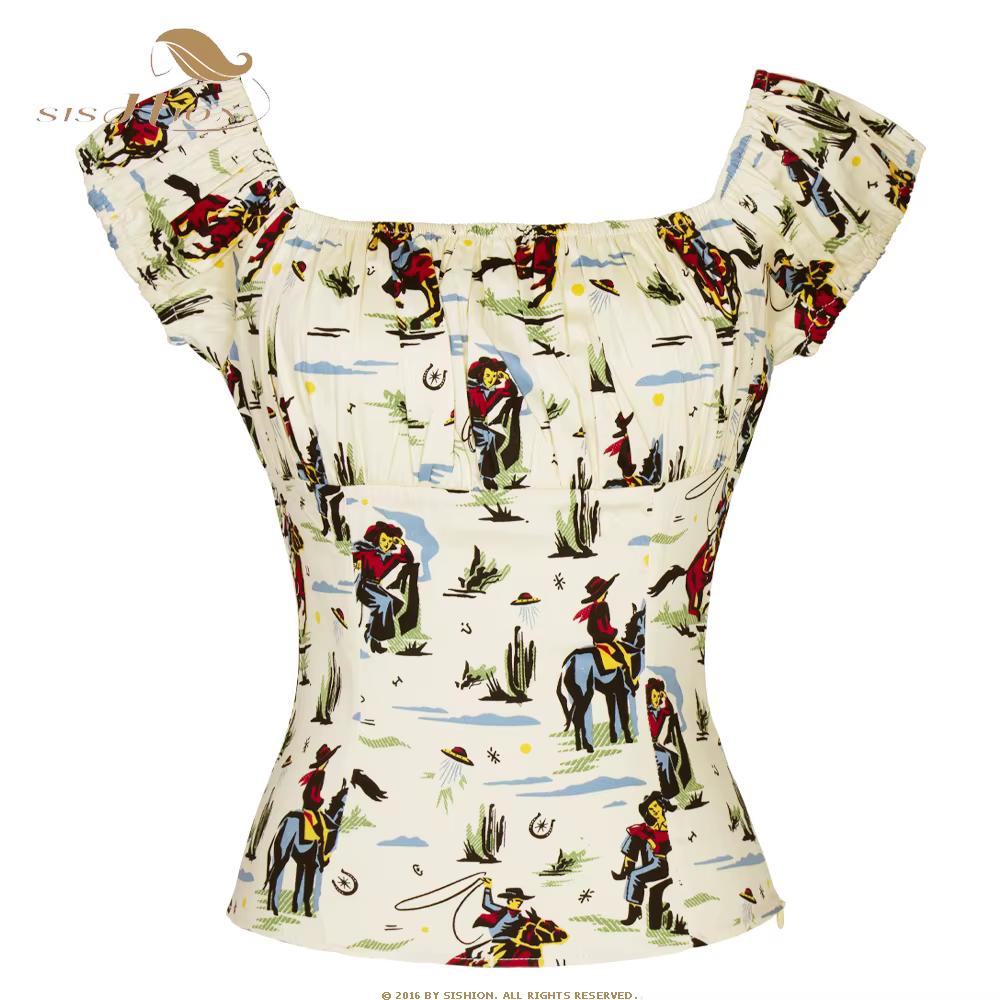 SISHION 2026 T-shirts vintage en coton imprimé pour femmes années 50 60 WS0004 Rockabilly Col en V C