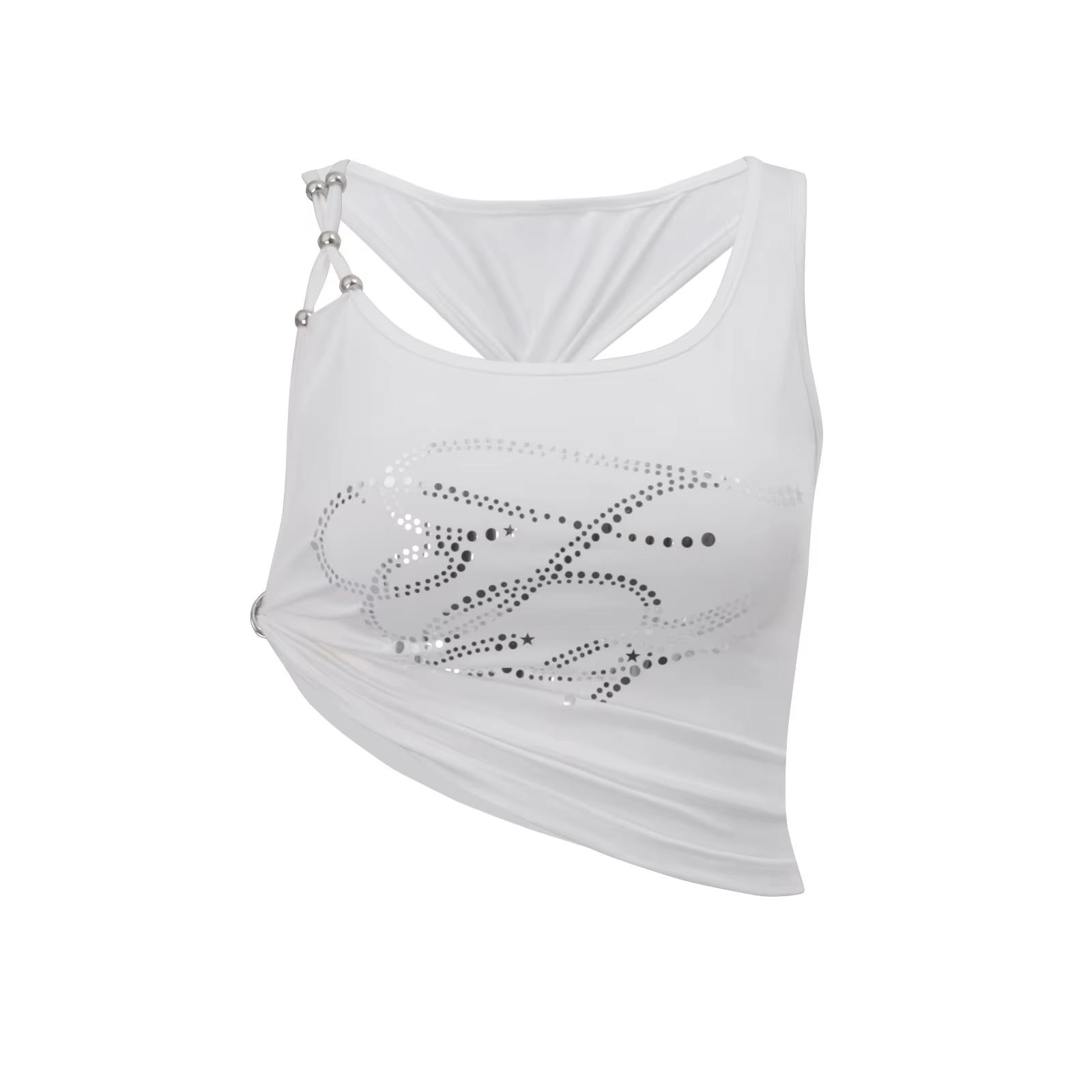Débardeur court blanc Y2K sexy à bretelles perlées et liens latéraux, dos noué, imprimé asymétrique,