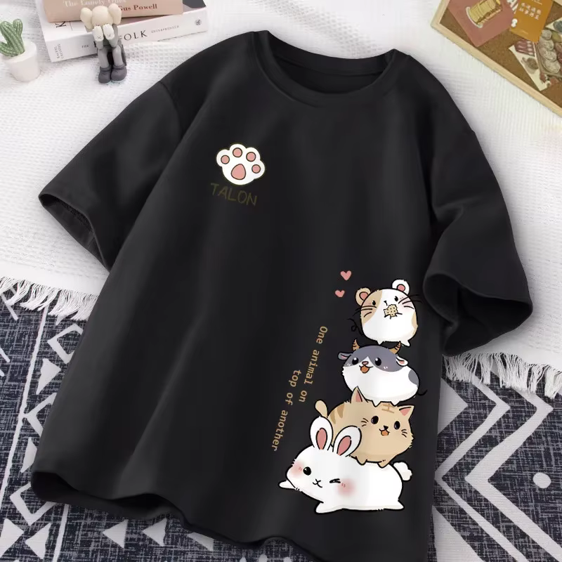 Mode d'été Simple chat impression universelle à manches courtes T-shirt ample décontracté grande tai