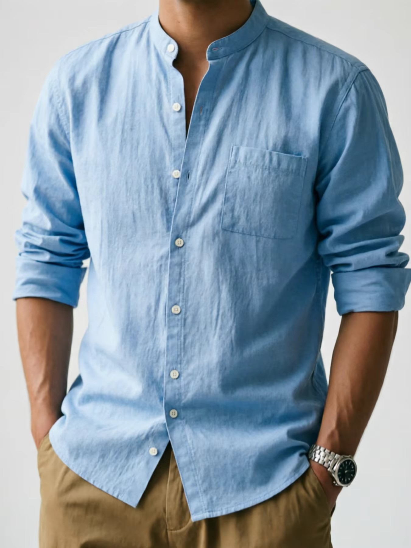 Chemise boutonnée en lin blanc minimaliste pour homme, col montant, essentielle pour le bureau et le
