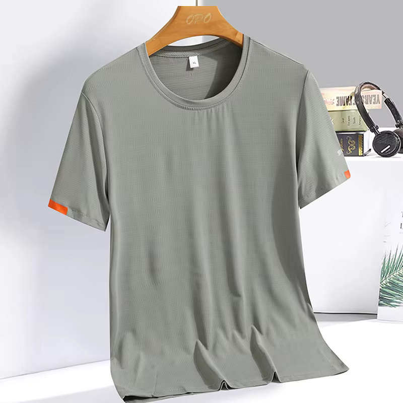 T-shirt d'été en soie glacée pour hommes, sweat-shirt col rond, Simple, costume de course, Fitness, 