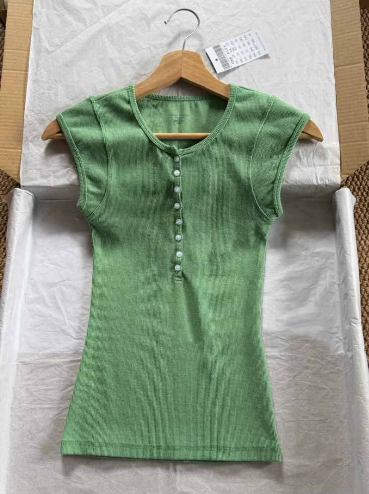 T-shirts slim Matcha Buttons pour femmes, été, décontracté, streetwear, côtelé, col rond, manches co