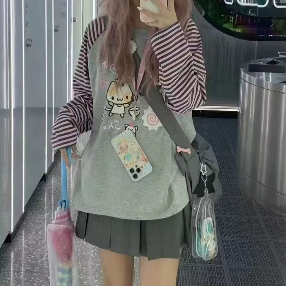 Japon Kawaii doux femmes T-Shirt col rond rayure Patchwork à manches longues dessin animé imprimé pu
