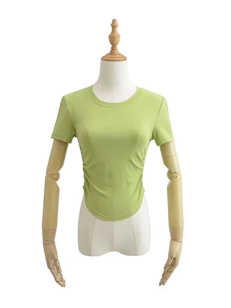 T-Shirt à Manches Courtes et Col Ras du Cou pour Femme, en Coton, avec Côtés Froncés, Style Harajuku
