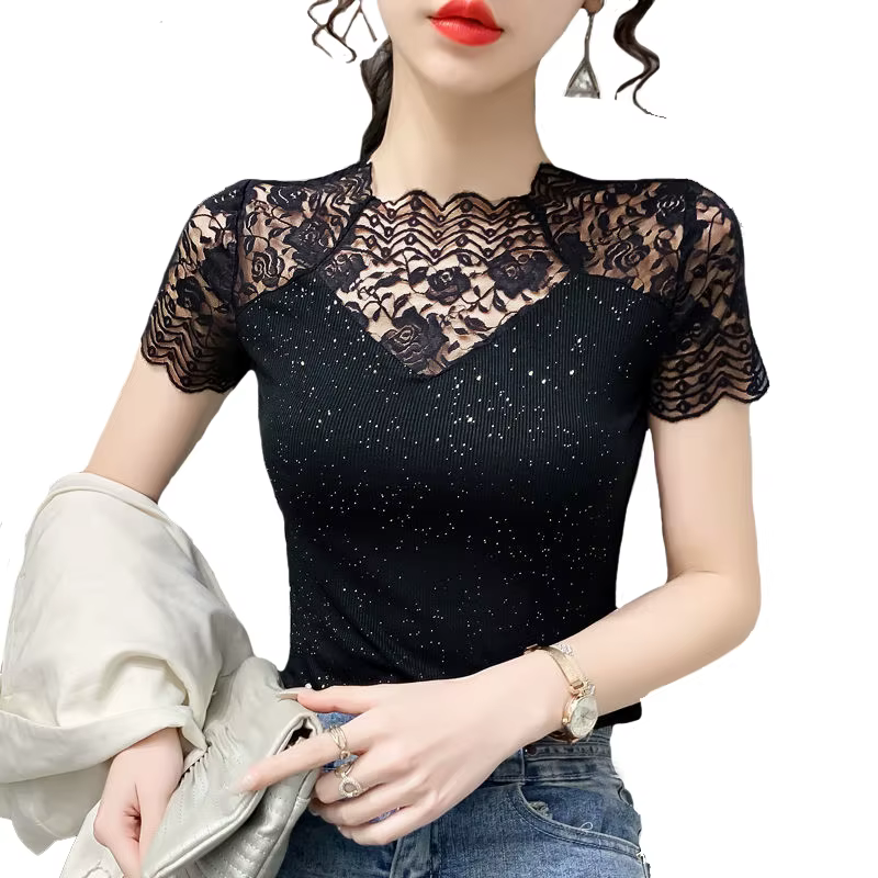 Été haut pour femme Patchwork soie brillante maille t-shirt Pathcwork manches courtes dentelle chemi