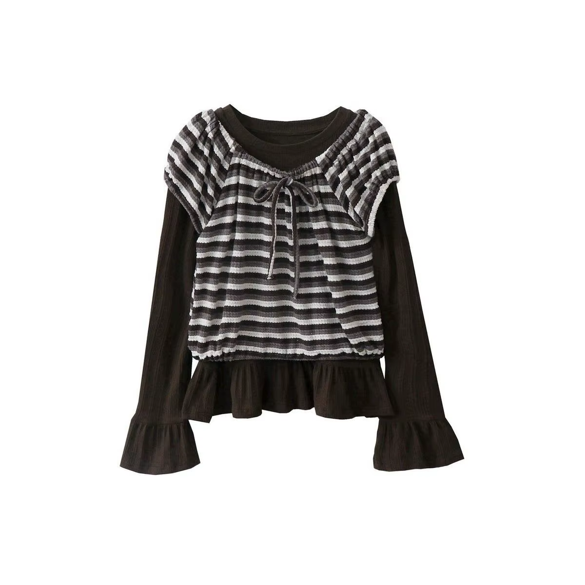 Haut deux pièces rayé empilé pour femmes, T-shirt à manches trompette, nouveau Style, chemise de cou