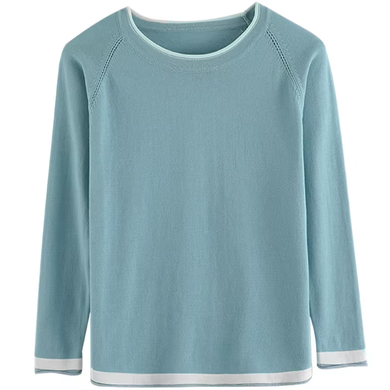 Printemps automne offre spéciale nouveau 100% pur coton pull femmes col rond pull contraste sertissa