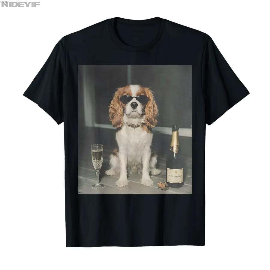 T-shirt Cavalier King Charles Drinking Champagne Funny Dog Meme pour hommes et femmes, 100% coton, h
