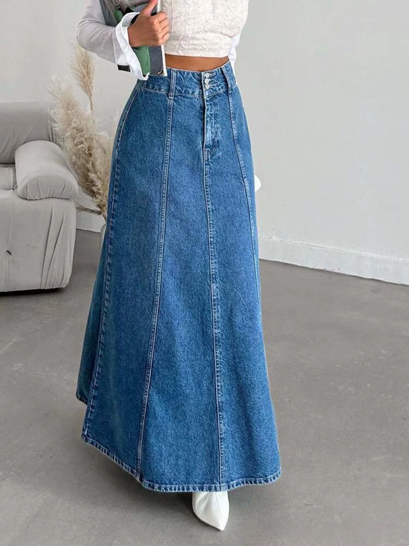 Jupe midi longue en jean pour femme pour les saisons de printemps et d'automne. Convient pour divers
