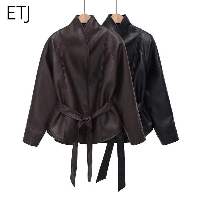 Veste Courte Ceinturée en Similicuir PU Vintage pour Femme ETJ, Col Montant, Collection Printemps 20