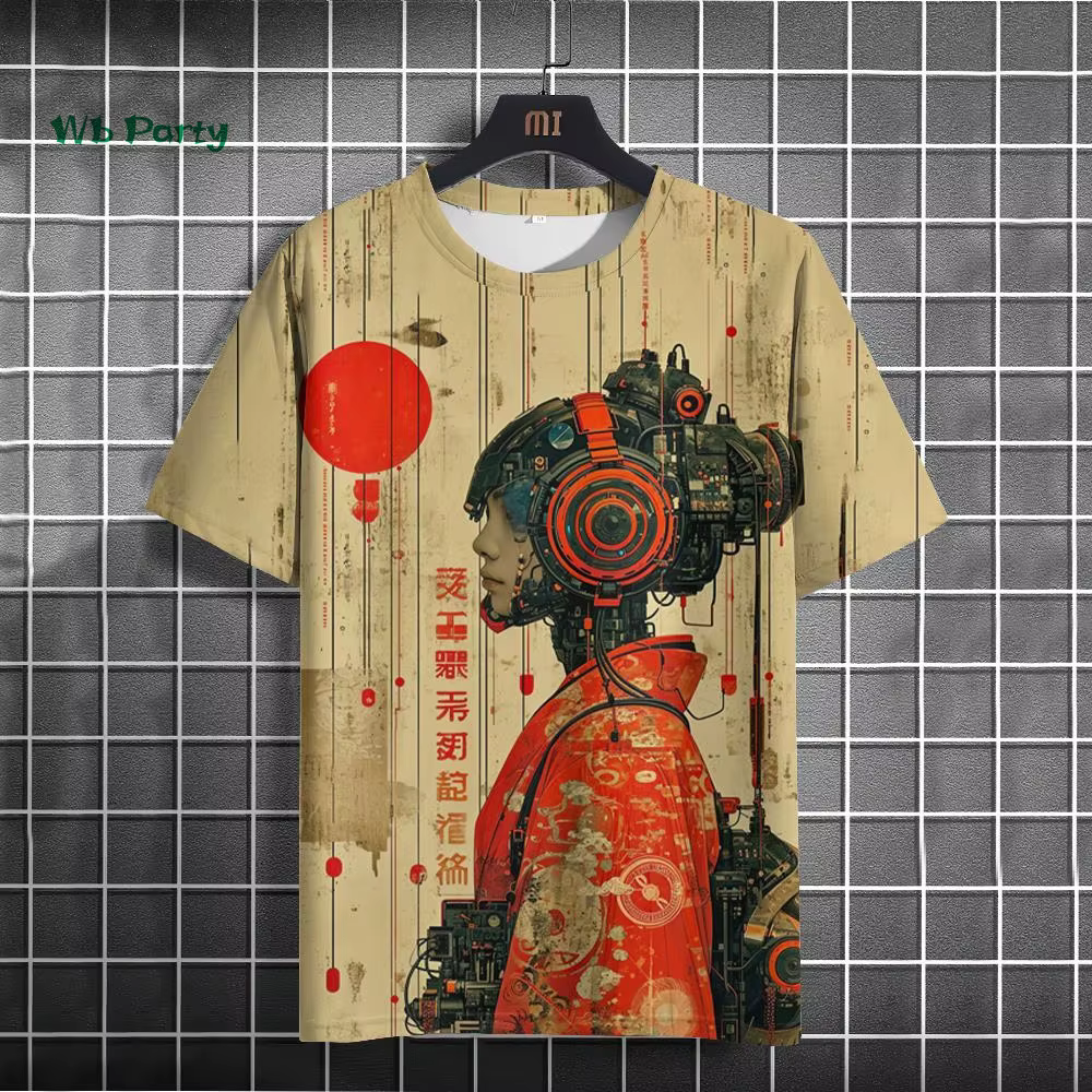 T-Shirt japonais pour hommes, motif cyber mécanique 3D, T-Shirt à manches courtes, surdimensionné, H