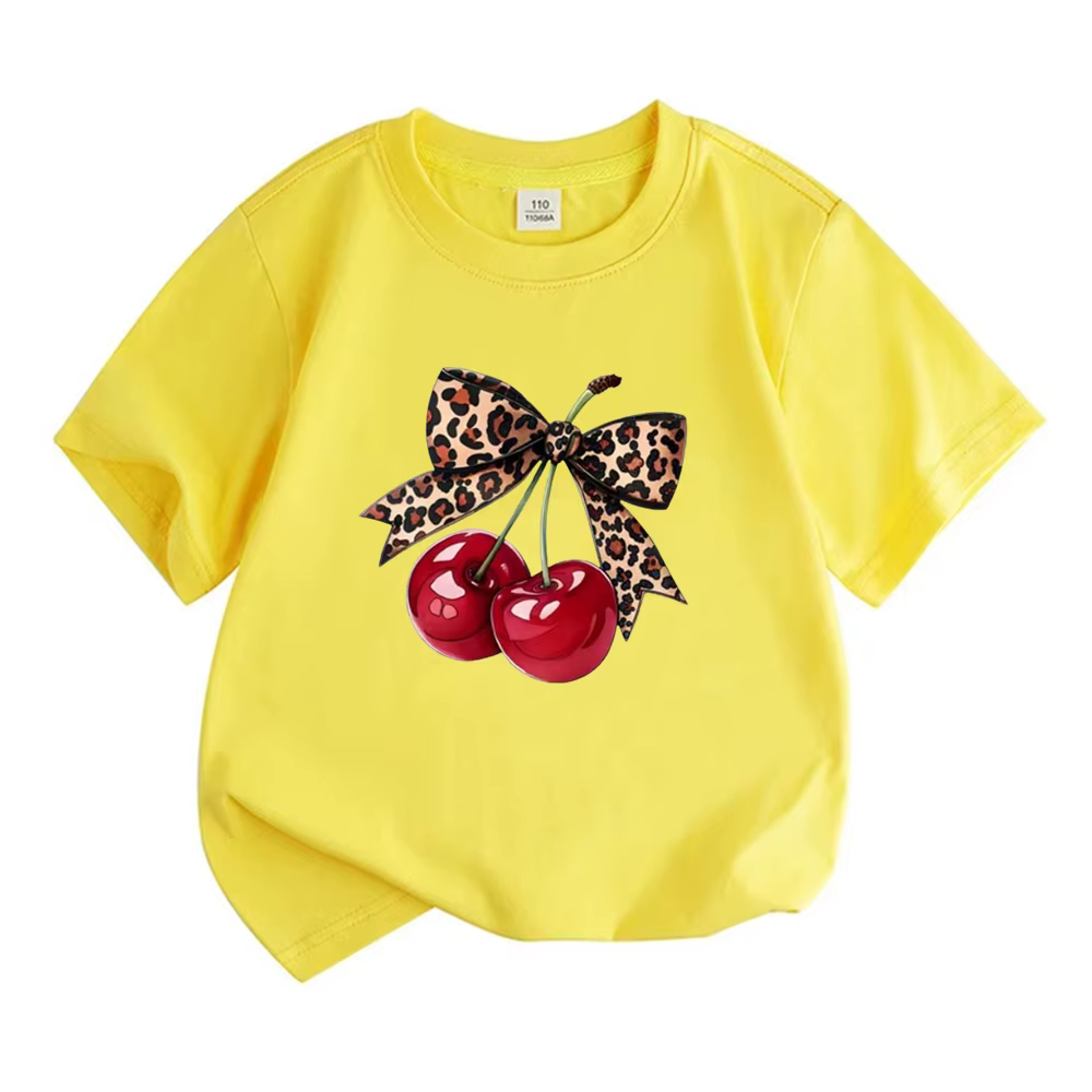 T-shirt pour enfants, T-shirts à manches courtes pour filles, blanc, avec nœud cerise rose, hauts dé