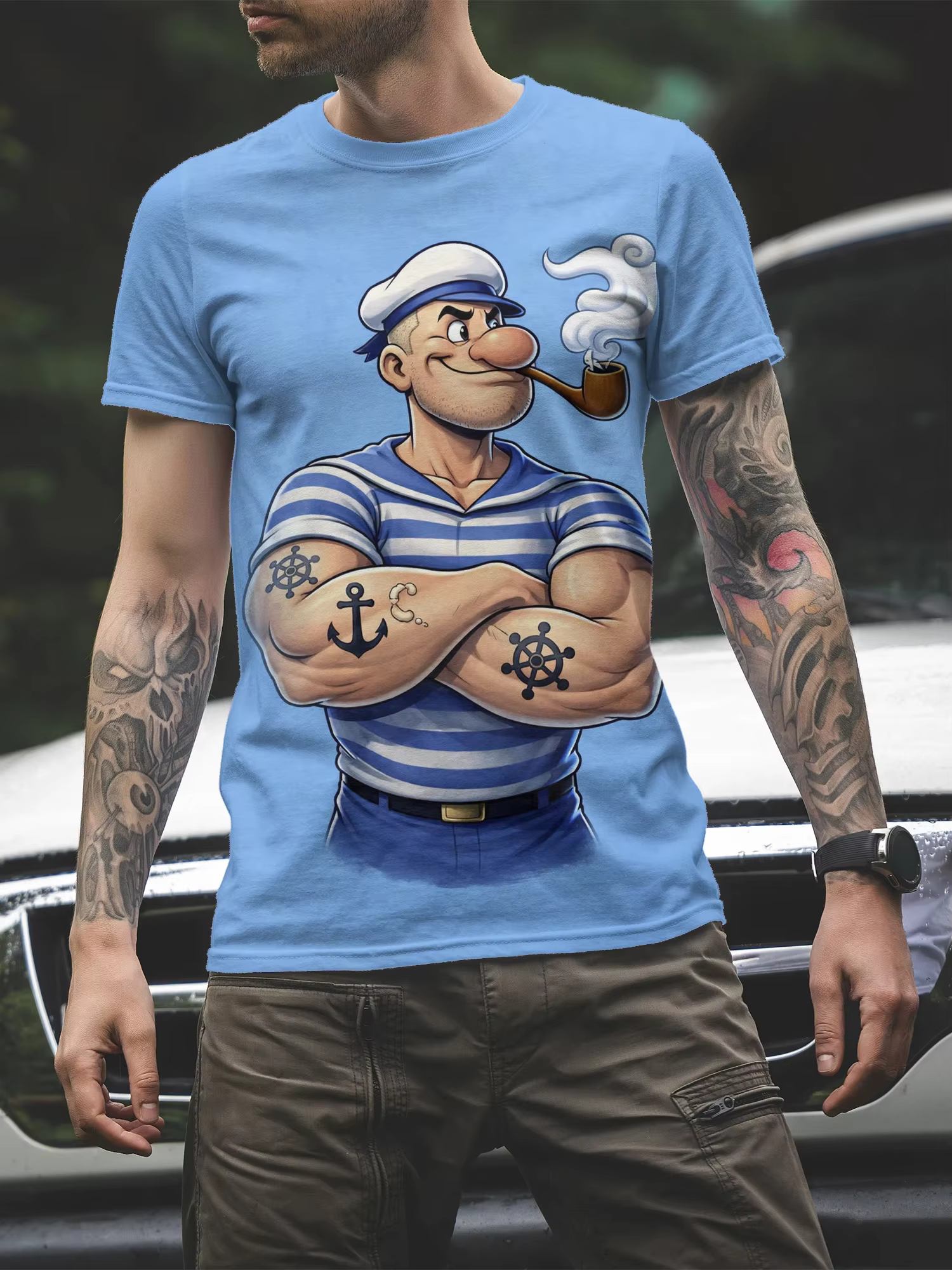 T-shirt à manches courtes pour homme, imprimé Popeye le marin, col rond, style rétro, dessin animé,