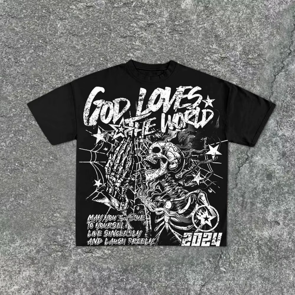 T-shirt col rond pour hommes, imprimé graffiti de crâne personnalisé, confortable et respirant, haut