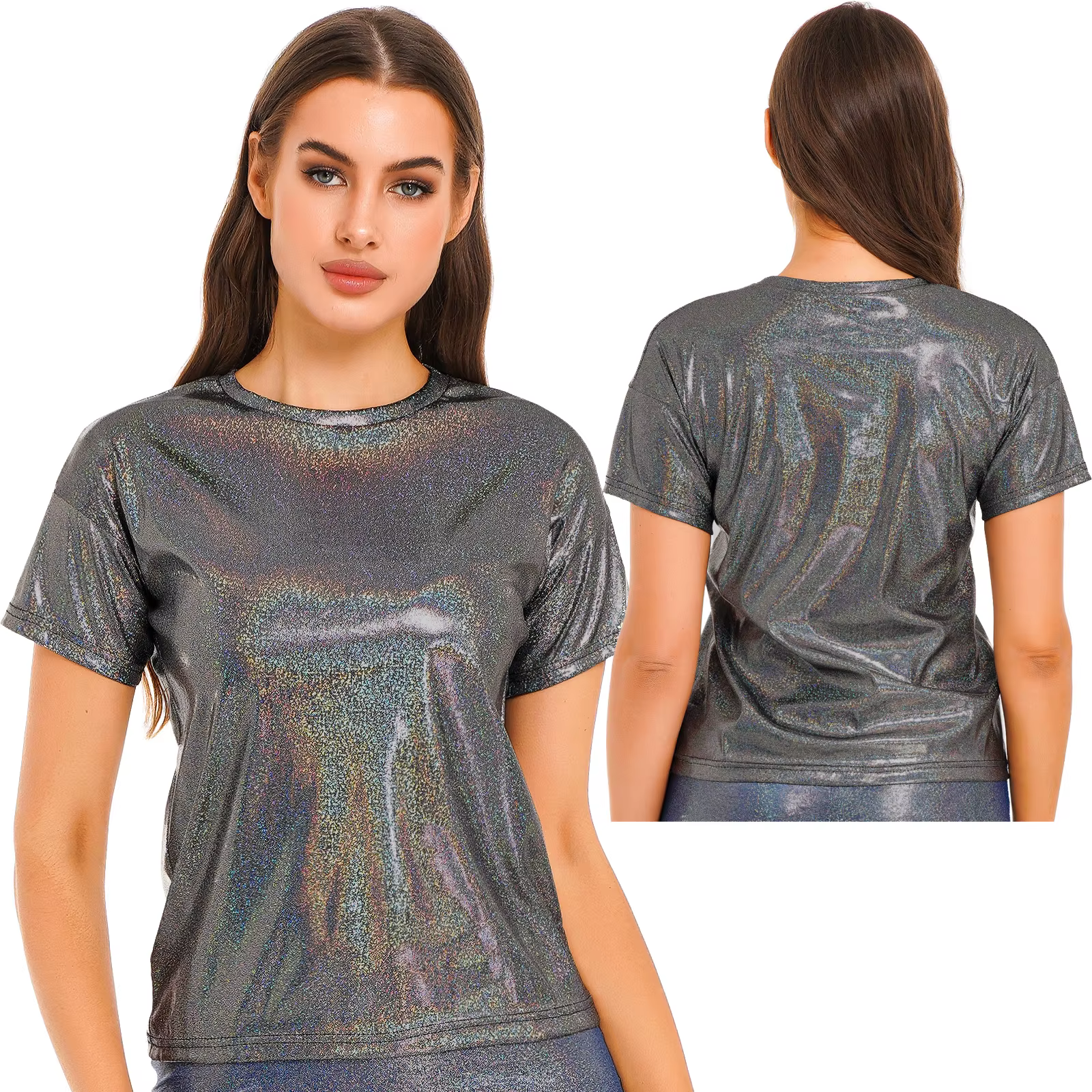T-Shirt métallique brillant à manches longues pour femmes, à col rond, à la mode, Costume de fête de