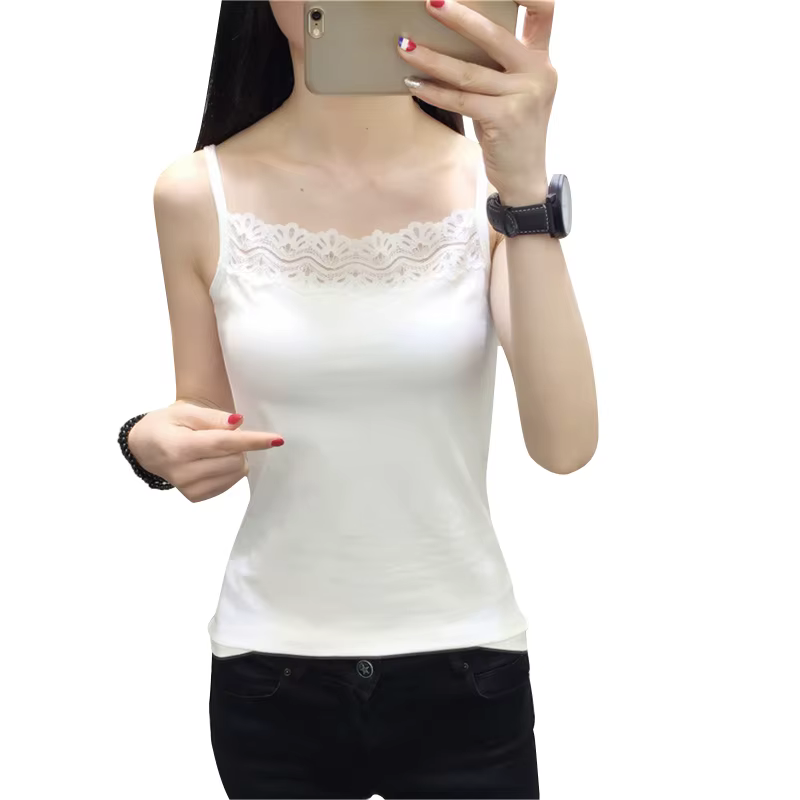 Camisole pour femmes, bretelles Spaghetti pour débardeur d'été en dentelle, top court solide, écharp