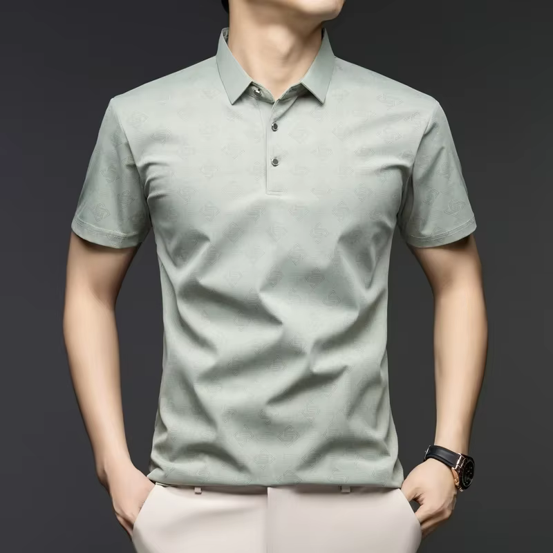 Polo d'affaires pour homme à motif jacquard, manches courtes, respirant, confortable, col rabattu, c