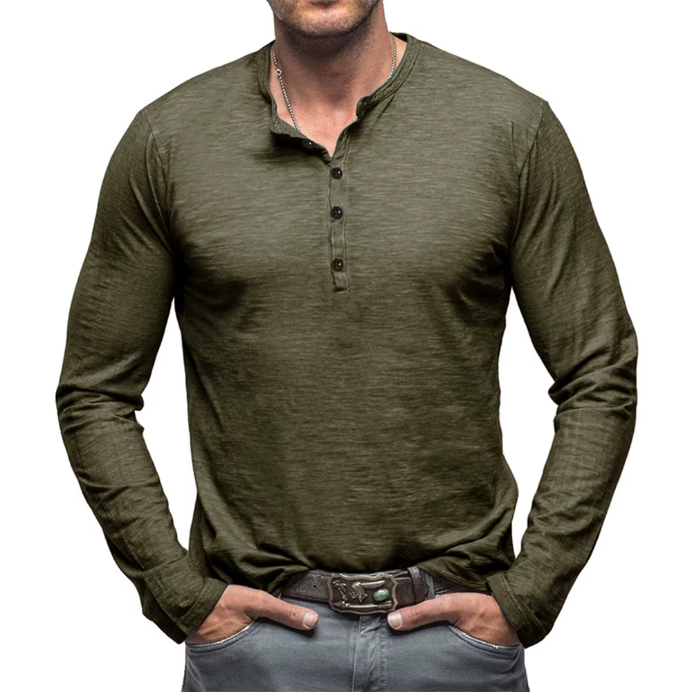 T-shirt à manches longues et col Henley pour hommes, décontracté, respirant, léger, en coton, couleu