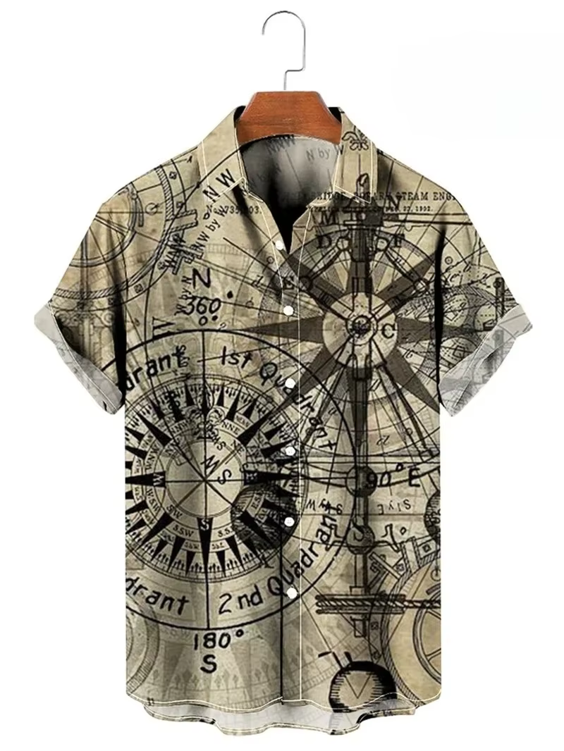 Vintage boutonné chemise homme 3d carte imprimé à manches courtes chemise hawaïenne revers vêtements