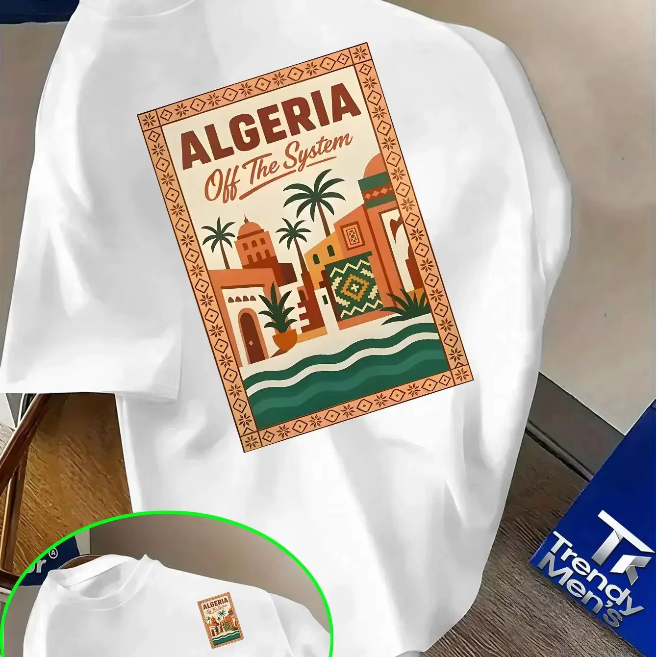 T-shirt rose à motif algérien pour homme - Texte audacieux « Algérie » et design paysage urbain dése
