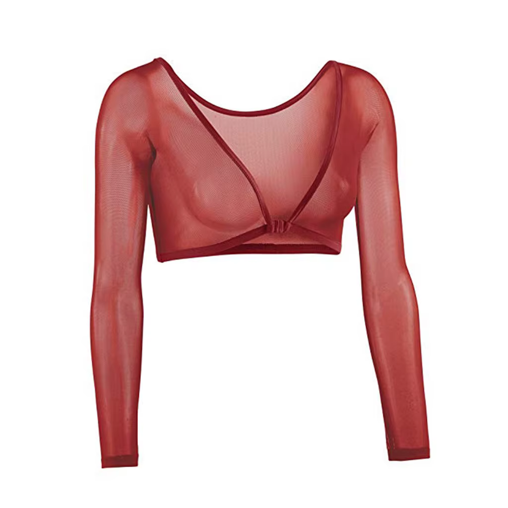 Maillot de corps à manches longues pour femmes, vêtements des deux côtés, bras transparent sans cout