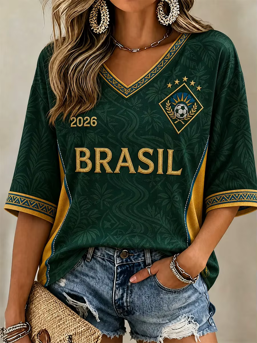 T-shirt décontracté à col en V et manches courtes pour femmes, imprimé pour les fans de football du 