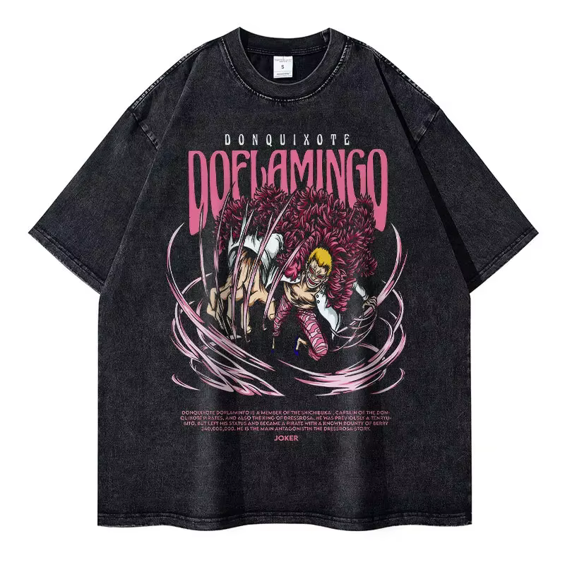 T-shirt Bandai Anime One Piece Doflamingo Vintage Délavé Oversize Streetwear Manga Nika à Manches Co