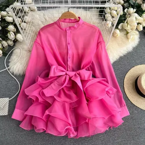 Chemisier chic français pour femme, bord à volants, revers à nœud, simple à lacets, manches longues,