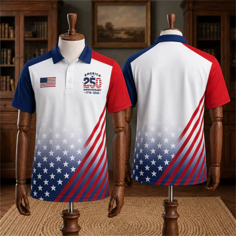 Polo pour homme USA 250e anniversaire 1776-2026, imprimé drapeau américain, manches courtes, hauts d