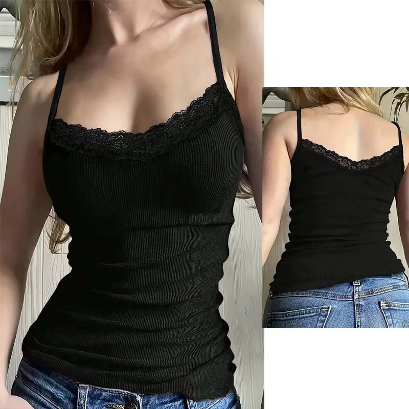 Débardeur noir en dentelle, Sexy et beau, Design de couleur unie, chemise inférieure à bretelles, no