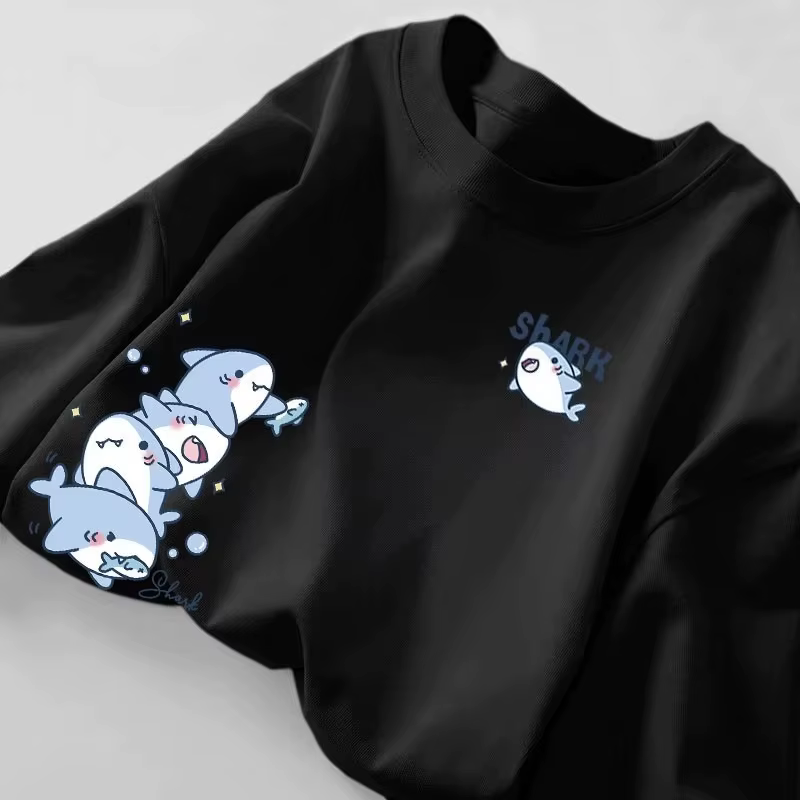 T-shirt décontracté à col rond pour homme et femme, imprimé requin de dessin animé, coupe ample, dég