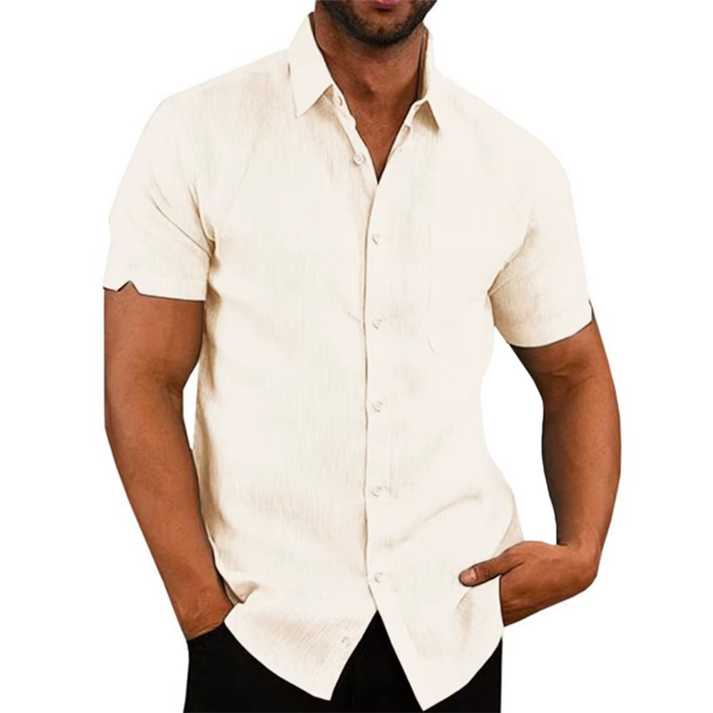 Chemises à manches courtes pour hommes, en coton et lin, couleur unie, col rabattu, décontracté, Sty