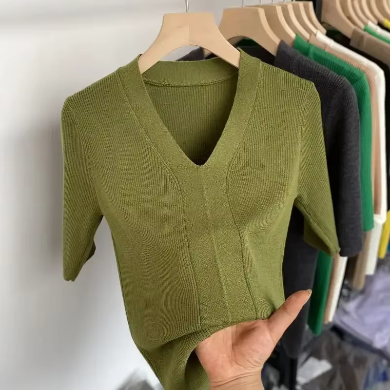T-shirt à Manches Courtes et Col en V pour Femme, Slim et Décontracté, Couleur Unie, Vert, Été 2025