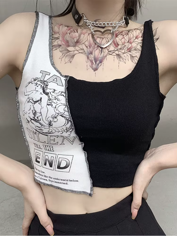 Débardeur en Patchwork Style Punk pour femmes, haut court sans manches, esthétique avec lettres et g