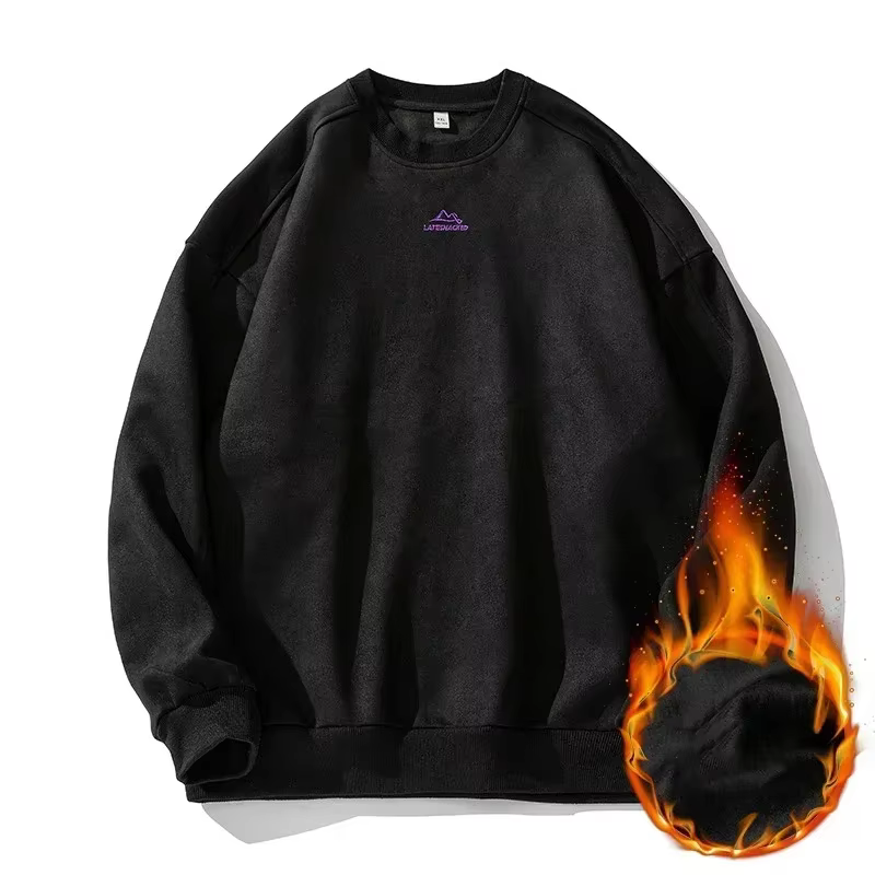 TFETTERS Sweat-shirt en cuir de chamois pour homme, polaire, chaud, col rond, collection automne-hiv