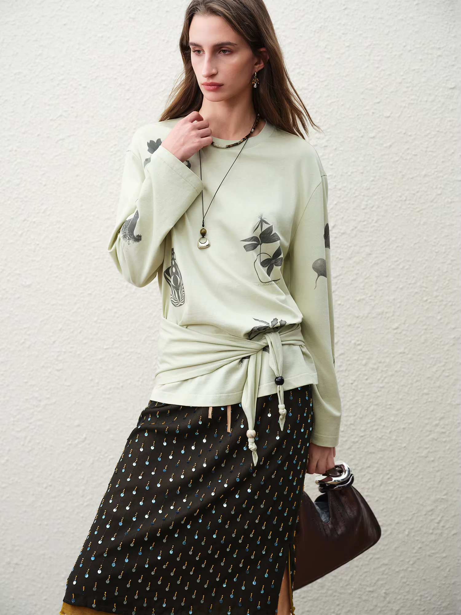 FSLE 【Série Premium】 T-shirt à manches longues pour femme en mélange de lin à imprimé botanique, nou