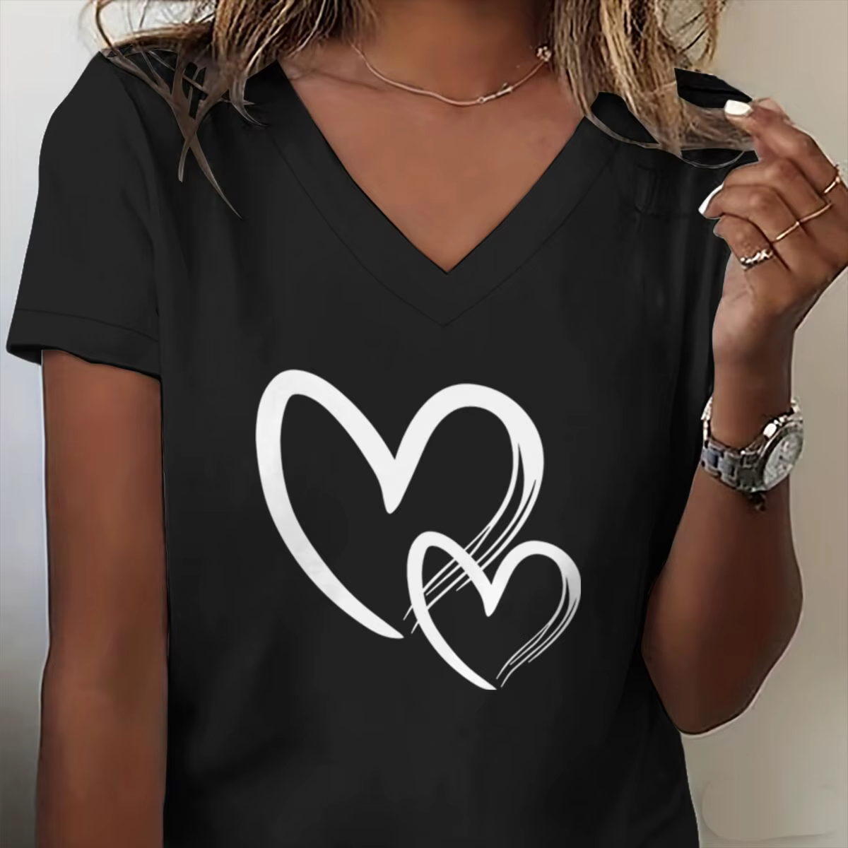 T-shirt imprimé cœur pour femme, style Harajuku, décontracté, haut d'été à manches courtes et col en