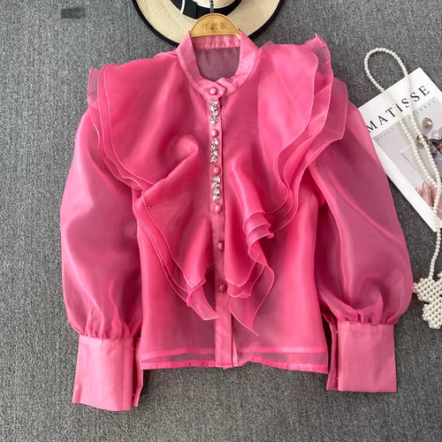 Chemisier à volants en organza pour femmes, chic, maille perlée, transparent, élégant, mode coréenne