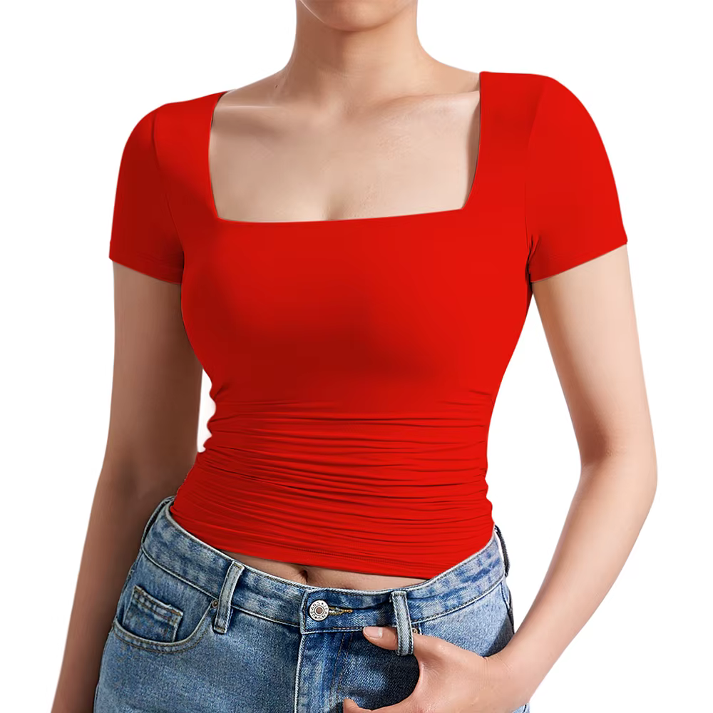 T-shirt à manches courtes pour femme, été 2026, uni, élastique, col carré, coupe ajustée, style Y2K,