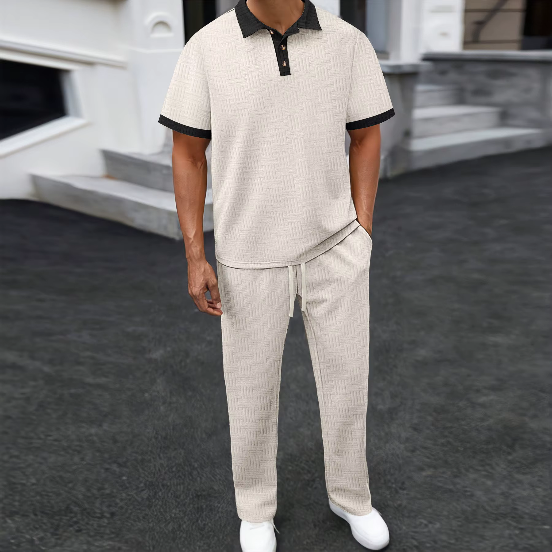Ensemble 2 pièces polo et pantalon texturé pour homme avec col contrastant – Survêtement décontracté