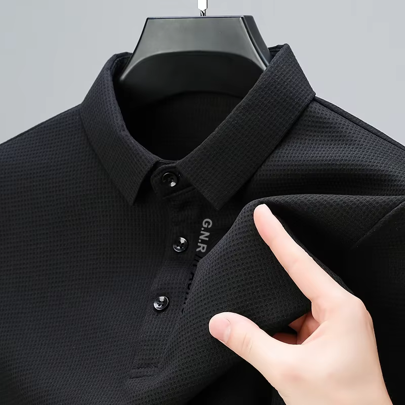 POLO gaufré à manches longues pour hommes avec lettre imprimée revers haut décontracté