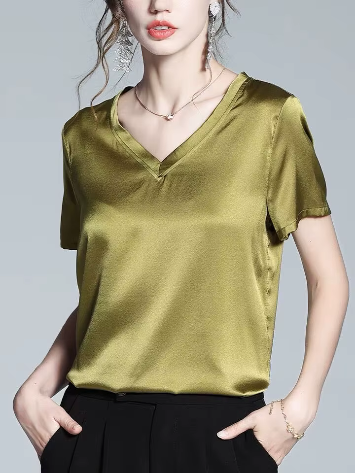 Ice InjT-T-shirt à manches courtes en satin acétate pour femme, haut ample et décontracté, chemise d