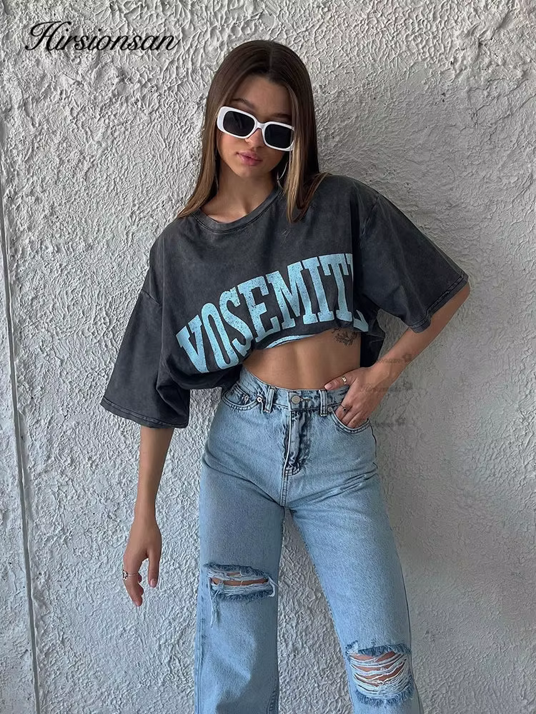Hirsionsan-T-shirt Délavé à l'Acide pour Femme, Streetwear Imprimé Vintage, Marque de Luxe, Y2k