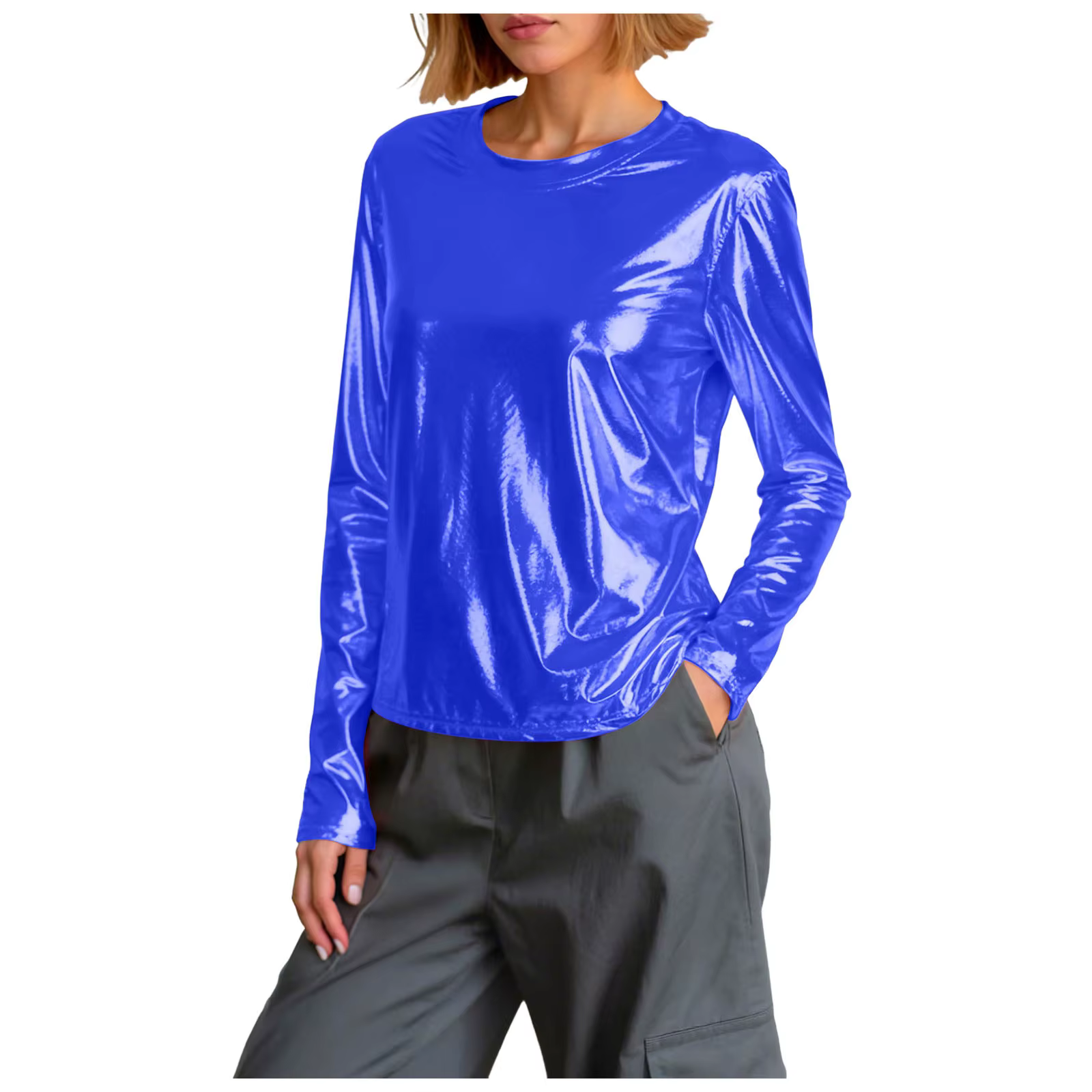 T-shirt Crop Top Brillant et Tendance pour Femme – Col Rond, Manches Longues – Idéal Carnaval, Fêtes